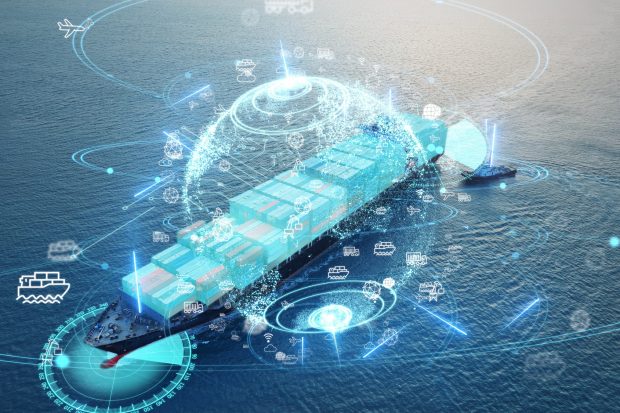 AI technology. Global Logistics international delivery concept, World map logistic and supply chain network distribution container Ship running for export import to customs cean concept technology